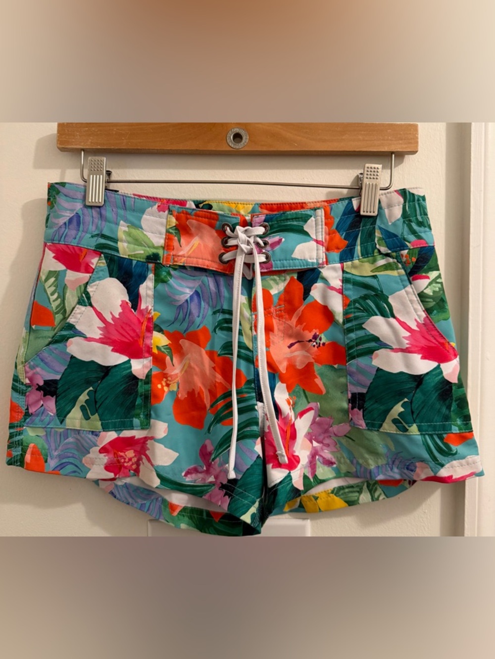 La Blanca Turquoise Multi Floral Lace-Up Beach Shorts